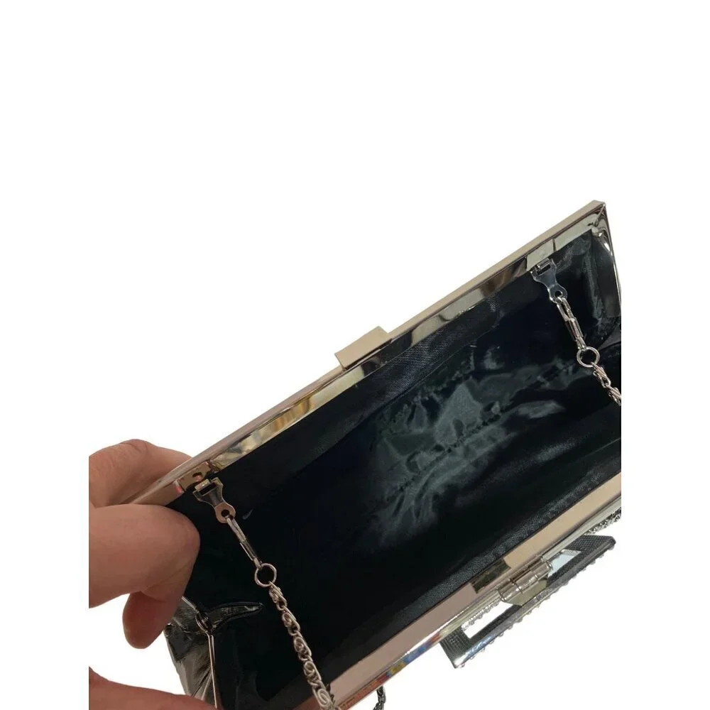 New Black Glossy Convertible Evening Bag Clutch with Rhinestone‎ Closure